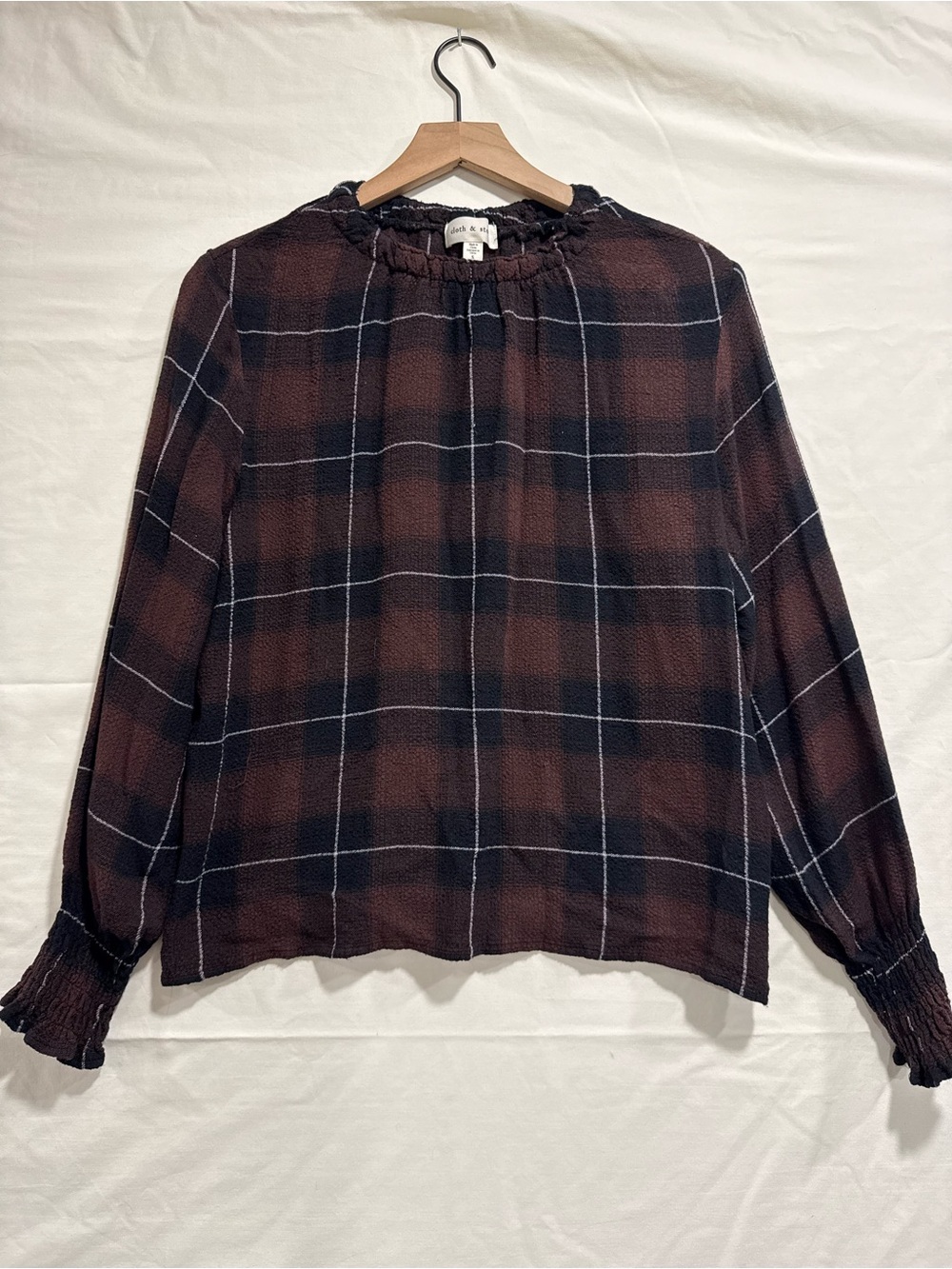 Cloth & Stone Plaid Ruffle Blouse Burgundy Black Smocked Top Size S